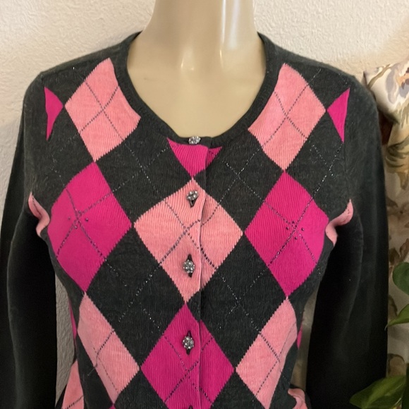 Used Cardigan knit Sweater New York &Company Gray and Pink Plaid - Picture 2 of 13